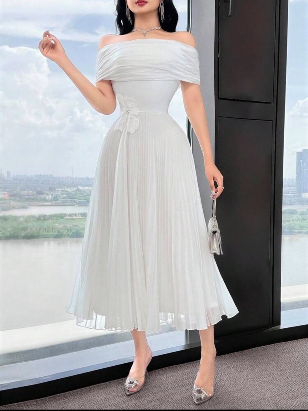 Off-Shoulder White Midi Dress with Pleated Skirt